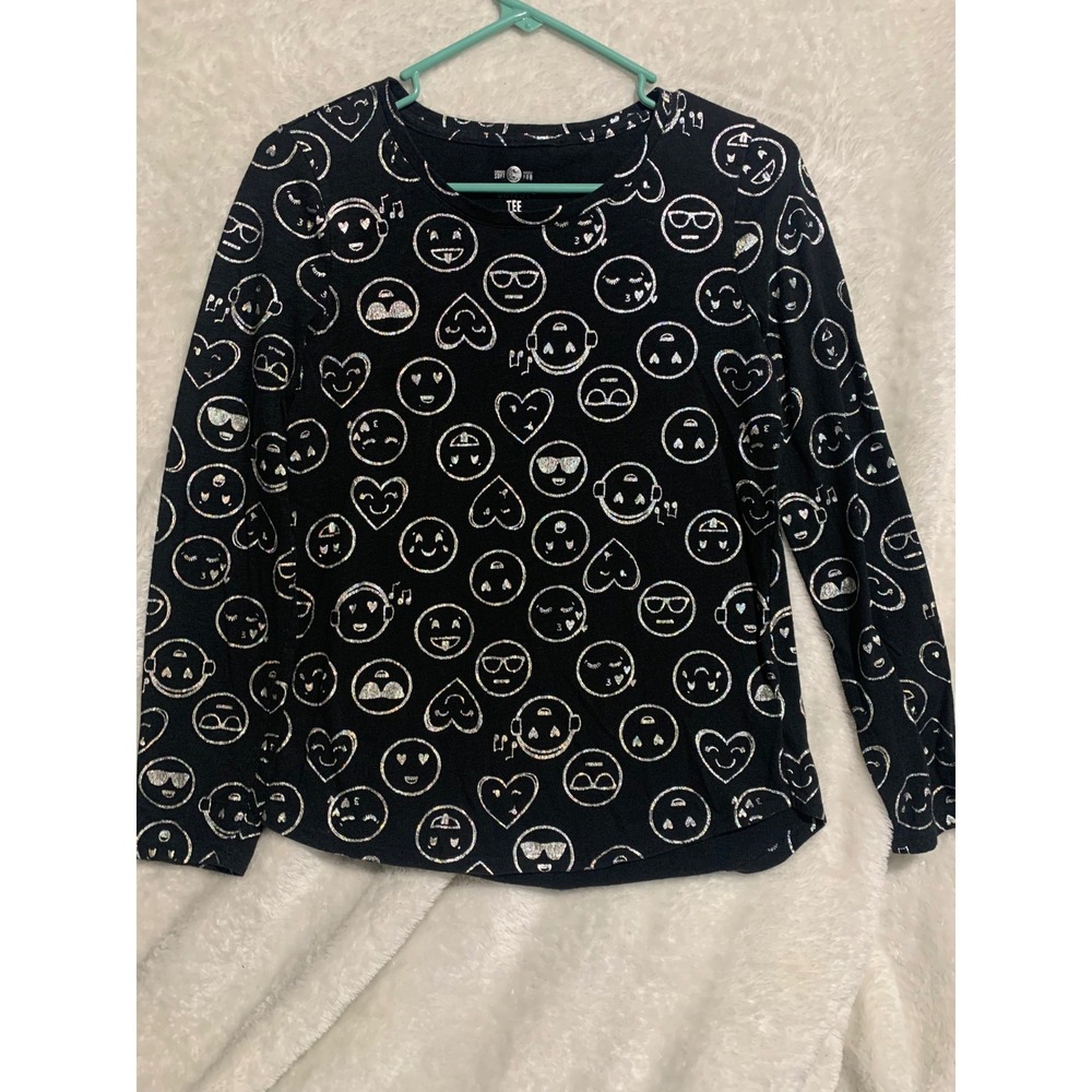 SO Cutest Tee Girls Black Silver Glitter Emoji Long Sleeve Shirt Size 16 Relaxed
